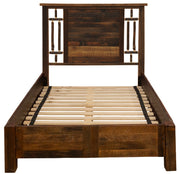 Front view of the Monumental Peak Barnwood and Hickory Windowpane Bed with Rail System