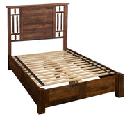 Second angled view of the Monumental Peak Barnwood and Hickory Windowpane Bed with Rail System showing the rail system and slats