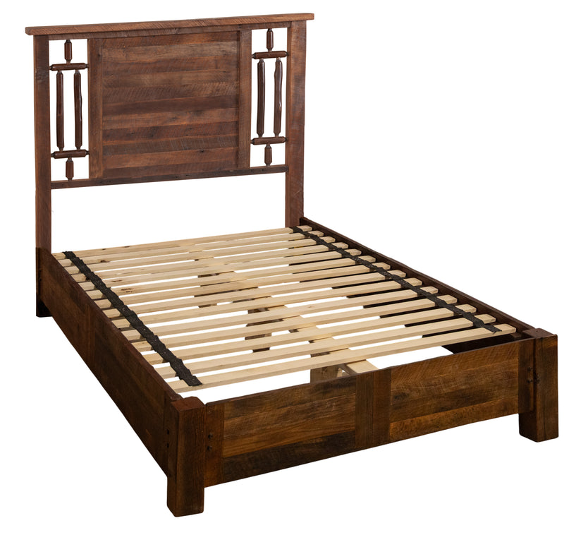 Second angled view of the Monumental Peak Barnwood and Hickory Windowpane Bed with Rail System showing the rail system and slats