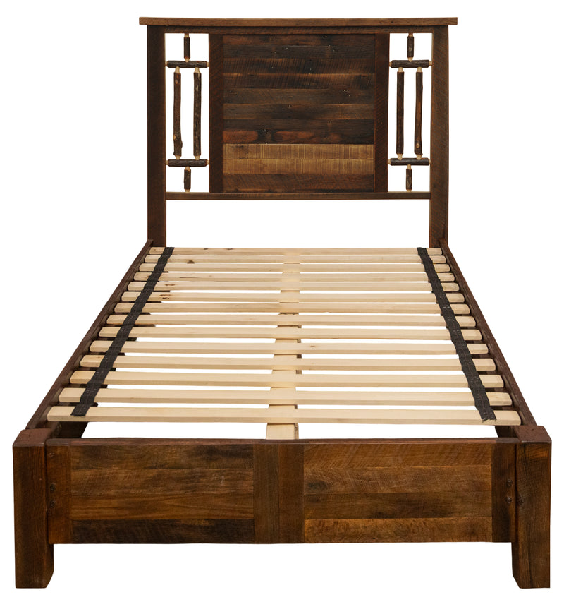 Second front view of the Monumental Peak Barnwood and Hickory Windowpane Bed with Rail System