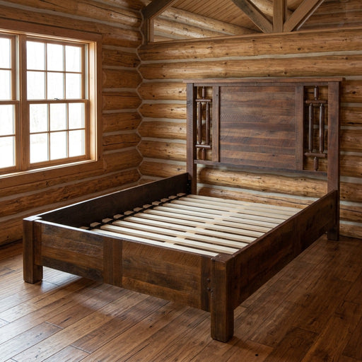 Monumental Peak Barnwood and Hickory Windowpane Bed with Rail System staged in a sunlit log cabin bedroom
