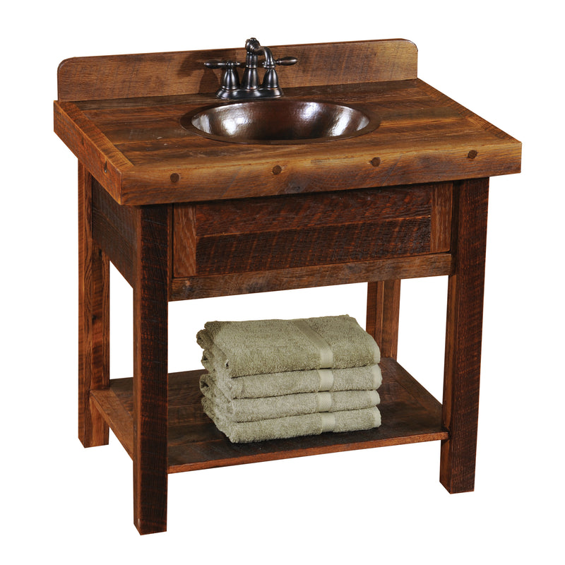 Angled view of the Mosquito Peak Reclaimed Barnwood Open Vanity