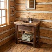 Mosquito Peak Reclaimed Barnwood Open Vanity staged in a sunlit log cabin bathroom