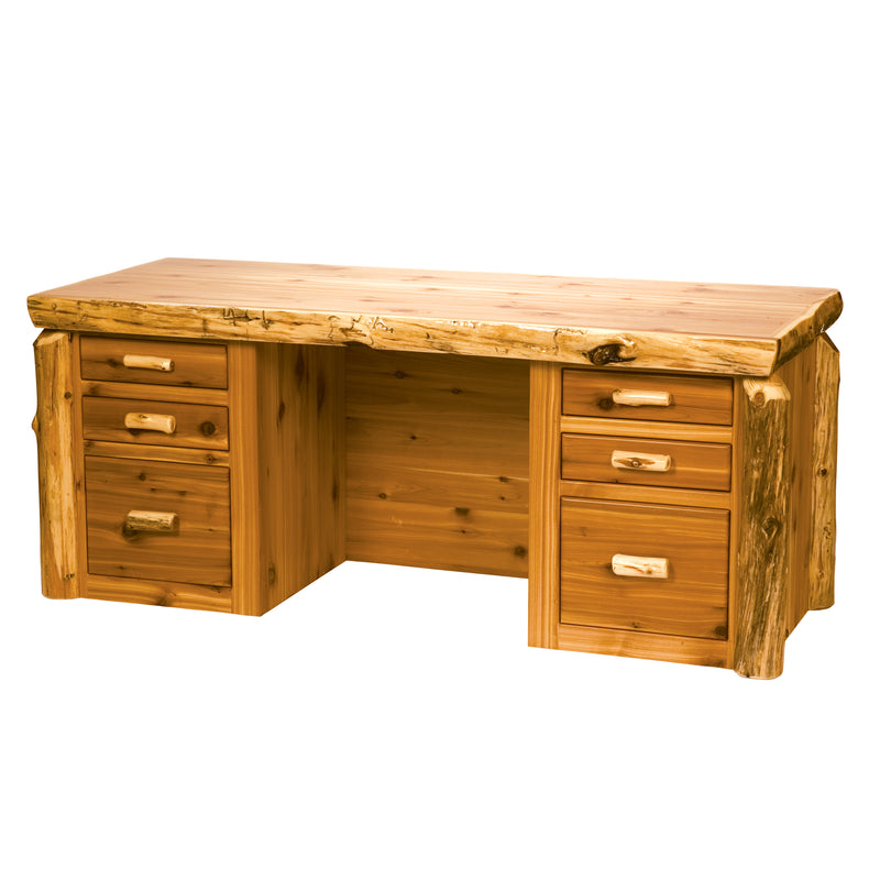 Angled view of the Mount Adams Cedar Log Executive Desk