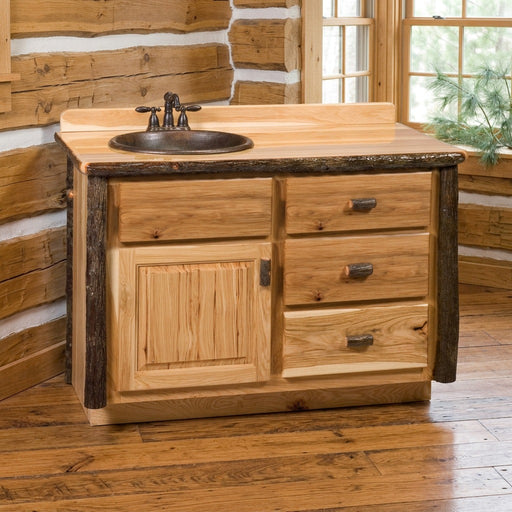 Mount Aetna Hickory Log Vanity staged in a sunlit log cabin bathroom