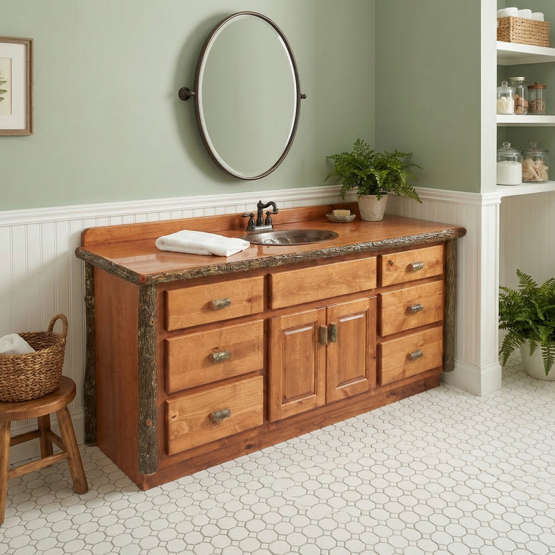 Mount Aetna Hickory Log Vanity in Natural in the 60-inch sink-right layout