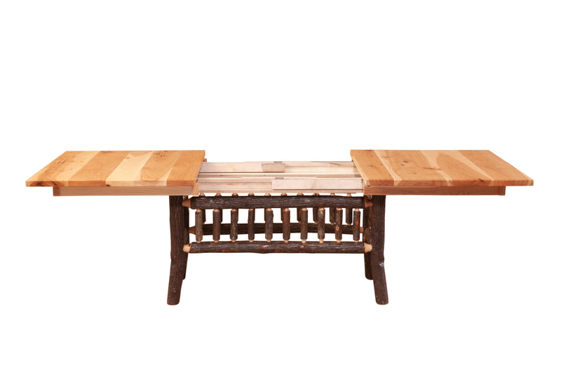 Front view of the Mount Albion Hickory Log Extension Dining Table extended with both leaves
