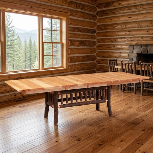 Mount Albion Hickory Log Extension Dining Table staged in a sunlit log cabin dining room