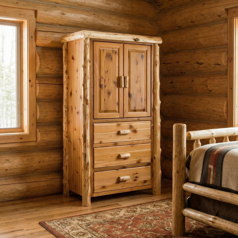 Mount Alice Cedar Log Armoire in Natural beside a cedar log bed in a log-walled cabin bedroom