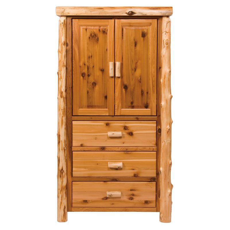 Front view of the Mount Alice Cedar Log Armoire with two cabinet doors over three drawers