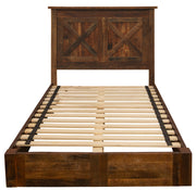 Front view of the Mount Antero Barnwood Barn Door Platform Bed with twin X-brace headboard panels and solid barnwood platform