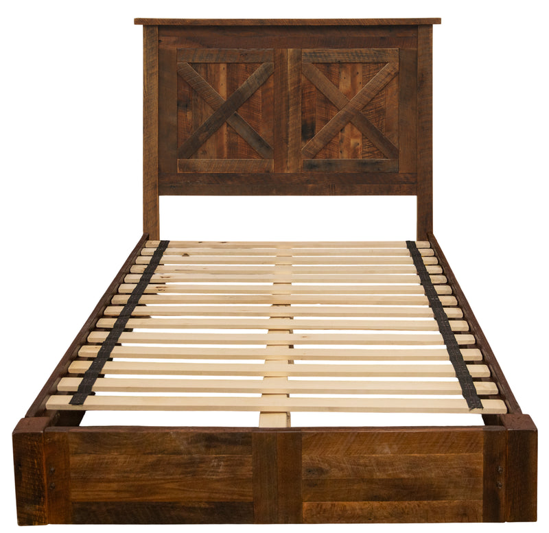 Front view of the Mount Antero Barnwood Barn Door Platform Bed with twin X-brace headboard panels and solid barnwood platform