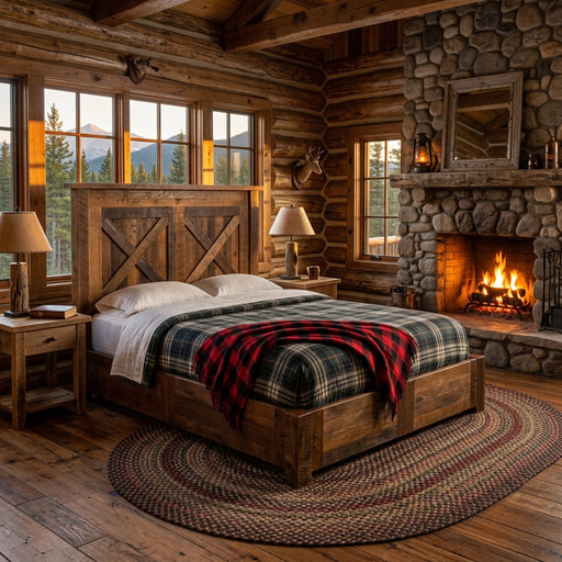 Mount Antero Barnwood Barn Door Platform Bed staged in a log lodge bedroom with a stone fireplace, plaid bedding, and braided rug