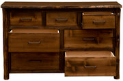 Front view of the Mount Arkansas Cedar Log Dresser with drawers pulled out on soft-close glides