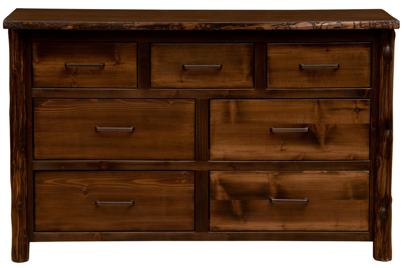 Front view of the Mount Arkansas Cedar Log Dresser showing three top drawers over four wide drawers
