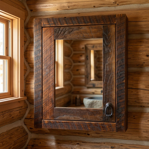 Mount Arps Reclaimed Barnwood Recessed Medicine Cabinet staged in a sunlit log cabin bathroom