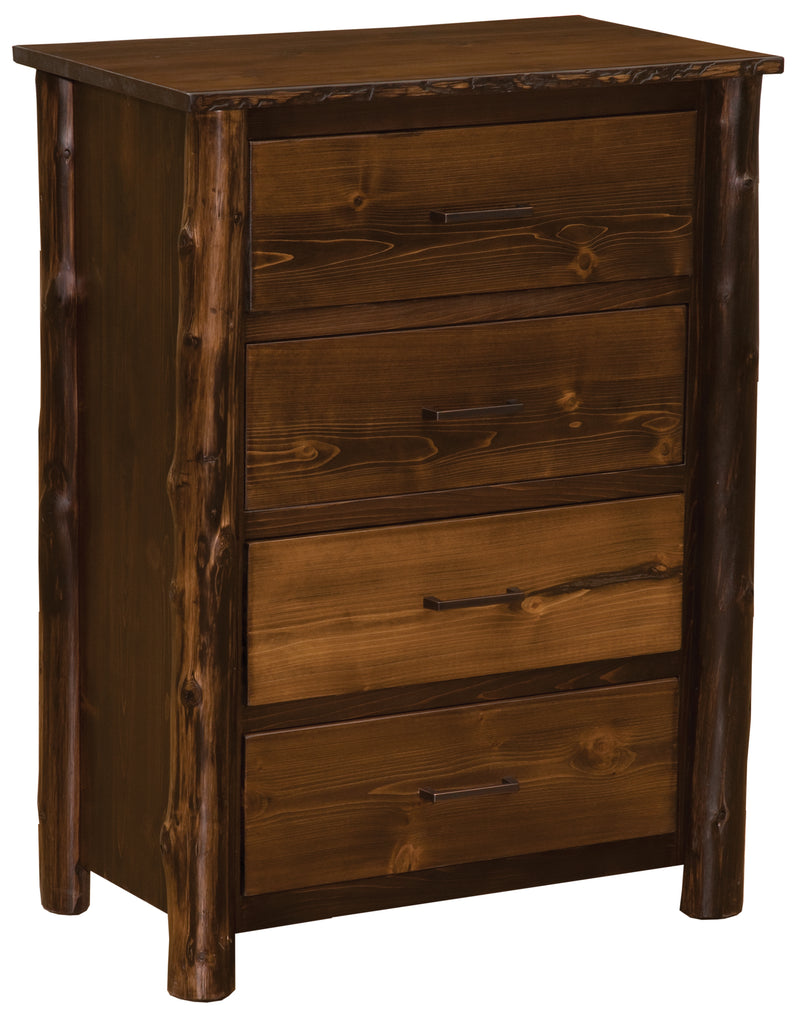 Angled view of the Mount Audubon Cedar Log Chest of Drawers in a dark stain showing four drawers and log posts