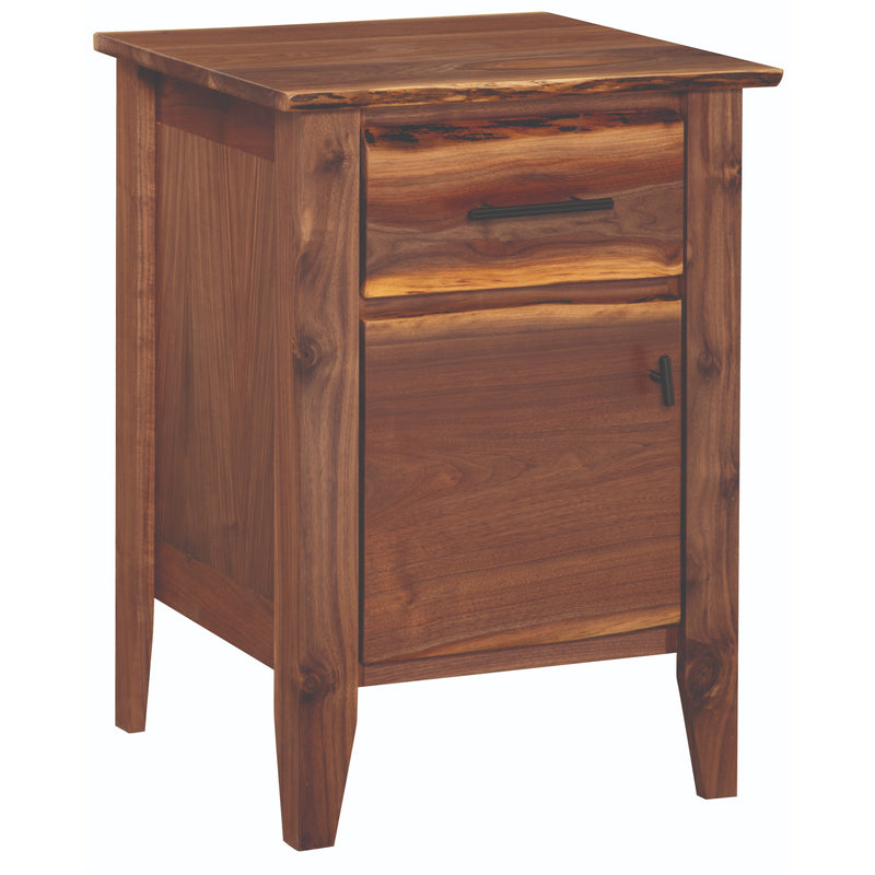 Angled view of the Mount Axtell Live Edge Walnut Enclosed Nightstand