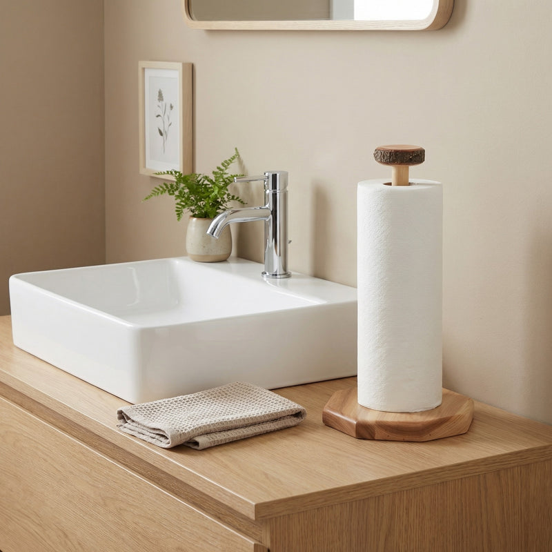 Freestanding Mount Bailey Hickory Log Paper Towel Holder on a kitchen counter