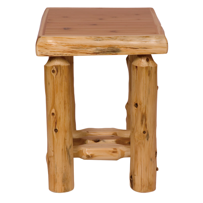 Angled view of the Mount Bancroft Cedar Log Open Nightstand showing thick cedar log legs and lower stretcher