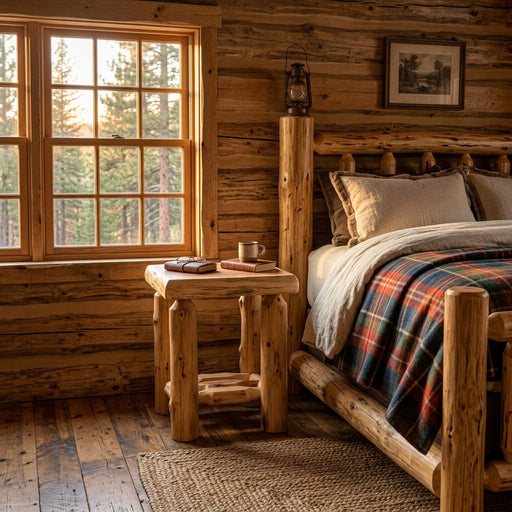 Mount Bancroft Cedar Log Open Nightstand beside a log bed with a plaid blanket under a window in a cabin bedroom