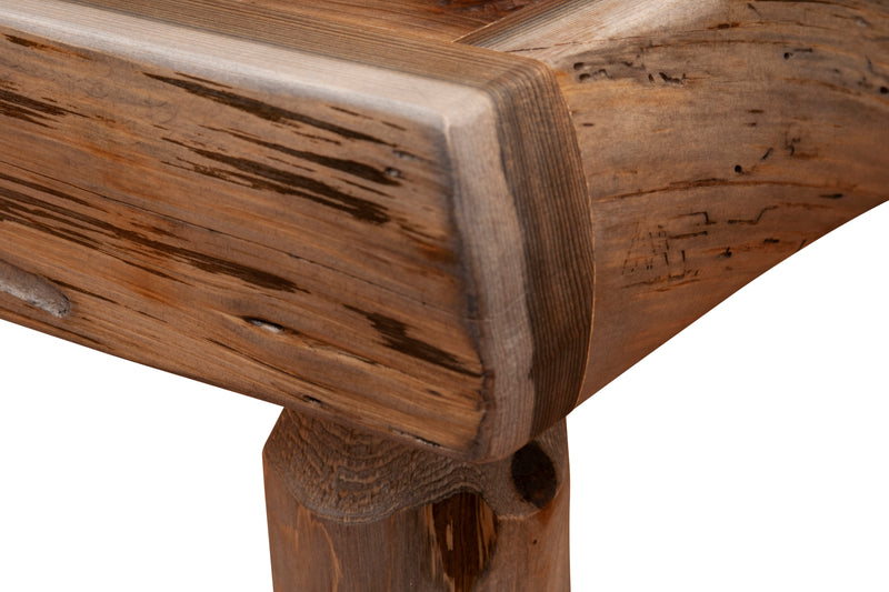 Close-up of the Mount Bancroft Cedar Log Open Nightstand log-trimmed top edge and hand-peeled cedar texture