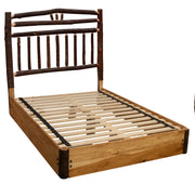 Angled view of the Mount Belford Hickory Wagon Wheel Platform Bed showing the hickory wagon wheel headboard and slatted platform