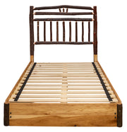 Front view of the Mount Belford Hickory Wagon Wheel Platform Bed with half wagon wheel headboard and hardwood platform base