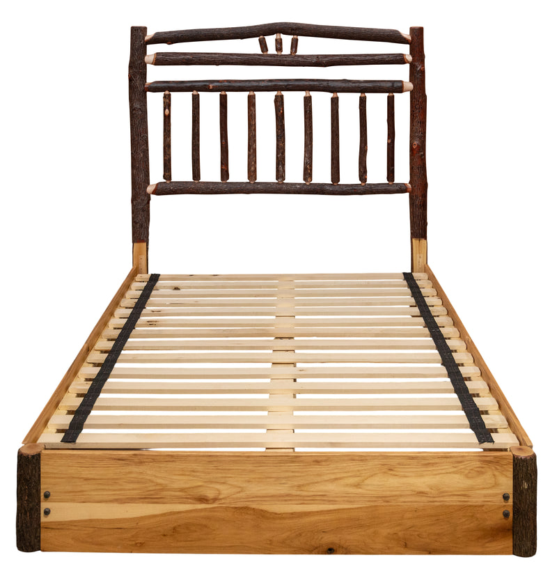 Front view of the Mount Belford Hickory Wagon Wheel Platform Bed with half wagon wheel headboard and hardwood platform base