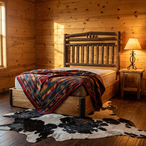Mount Belford Hickory Wagon Wheel Platform Bed staged in a knotty pine ranch bedroom with a Navajo-style blanket and cowhide rug