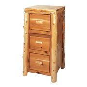 Angled view of the Mount Bellview Cedar Log Three Drawer File Cabinet