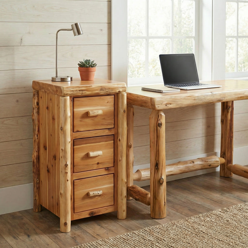 Mount Bellview Cedar Log Three Drawer File Cabinet in a rustic cabin home office