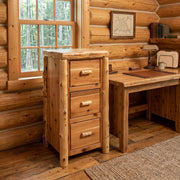 Mount Bellview Cedar Log Three Drawer File Cabinet staged in a sunlit log cabin home office