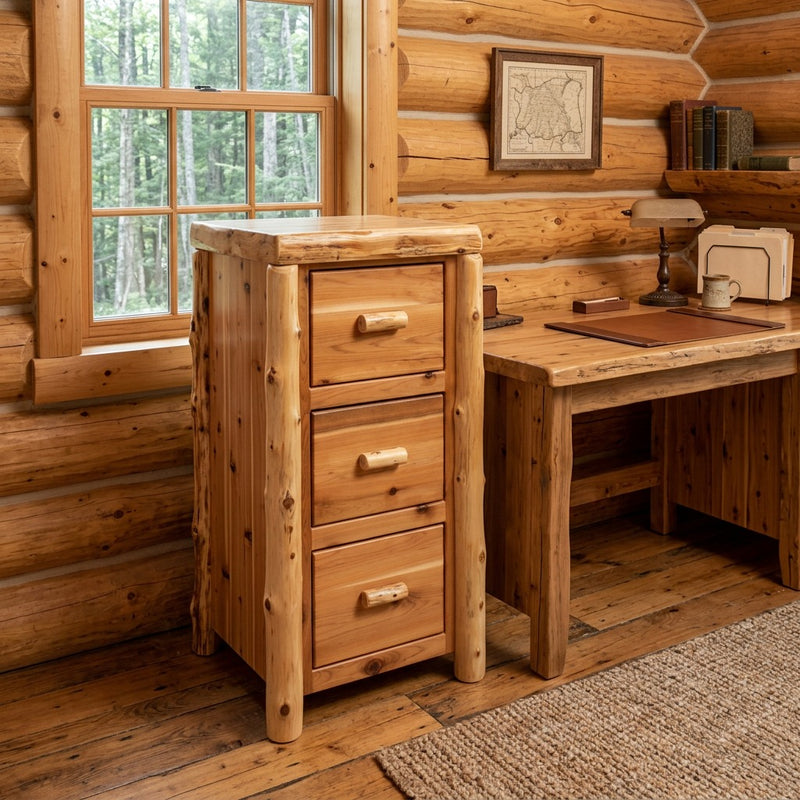 Mount Bellview Cedar Log Three Drawer File Cabinet staged in a sunlit log cabin home office