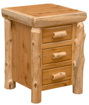 Angled view of the Mount Bethel Cedar Log Three Drawer Nightstand showing three drawers with cedar log pulls