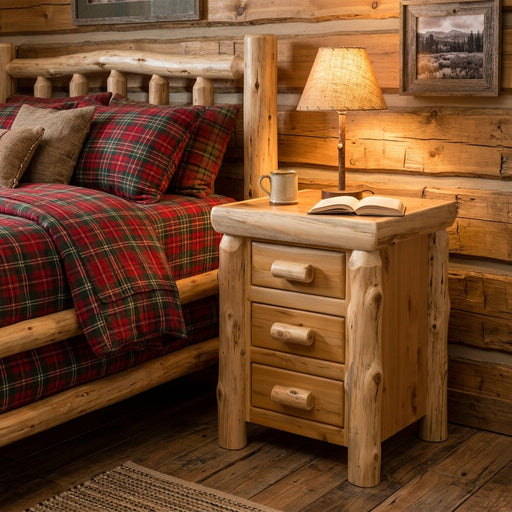 Mount Bethel Cedar Log Three Drawer Nightstand with a lamp beside a cedar log bed in a cabin bedroom