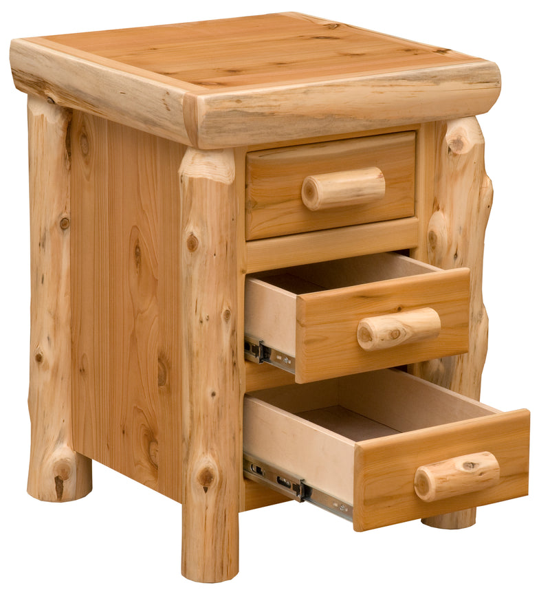 Angled view of the Mount Bethel Cedar Log Three Drawer Nightstand with two drawers open