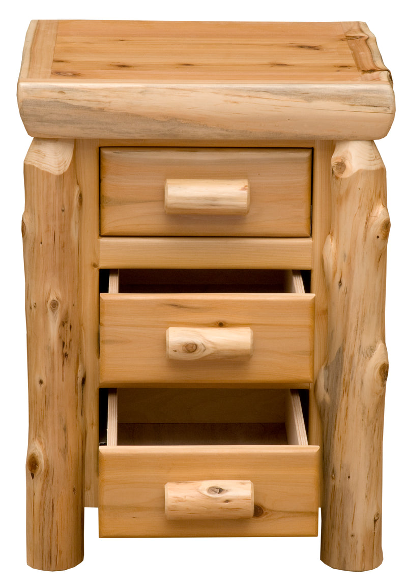 Front view of the Mount Bethel Cedar Log Three Drawer Nightstand with drawers pulled out
