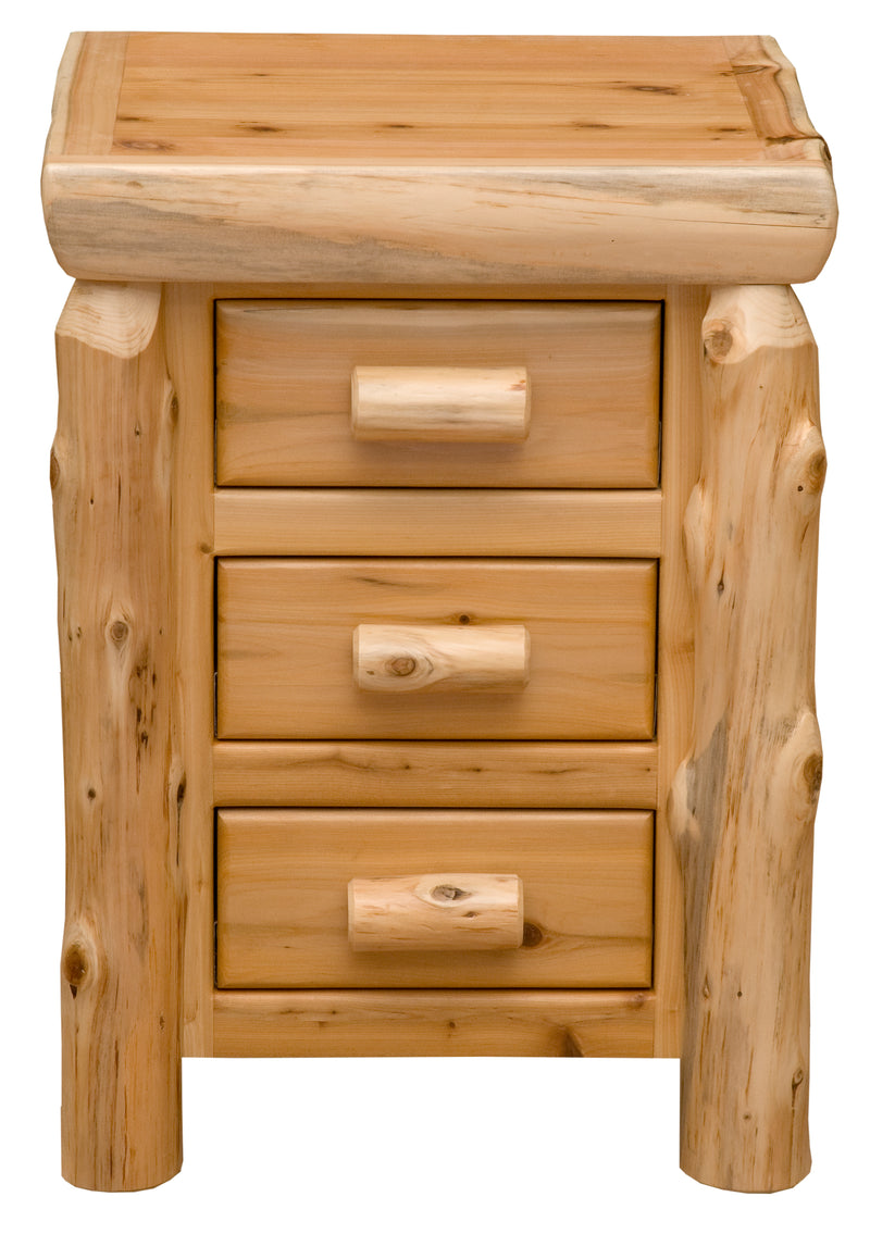 Front view of the Mount Bethel Cedar Log Three Drawer Nightstand with three drawers and log posts
