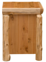 Side view of the Mount Bethel Cedar Log Three Drawer Nightstand showing the cedar side panel