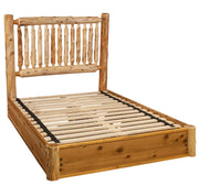 Angled view of the Mount Bierstadt Cedar Log Spindle Platform Bed showing the cedar spindle headboard and slatted platform without mattress