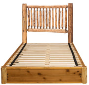 Front view of the Mount Bierstadt Cedar Log Spindle Platform Bed with small log spindle headboard and solid cedar platform rails