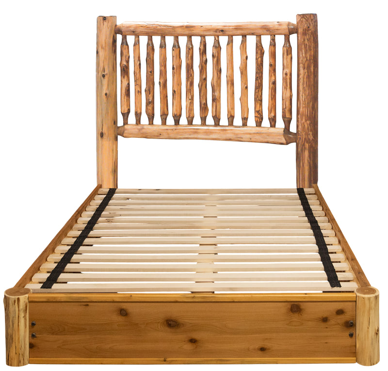 Front view of the Mount Bierstadt Cedar Log Spindle Platform Bed with small log spindle headboard and solid cedar platform rails