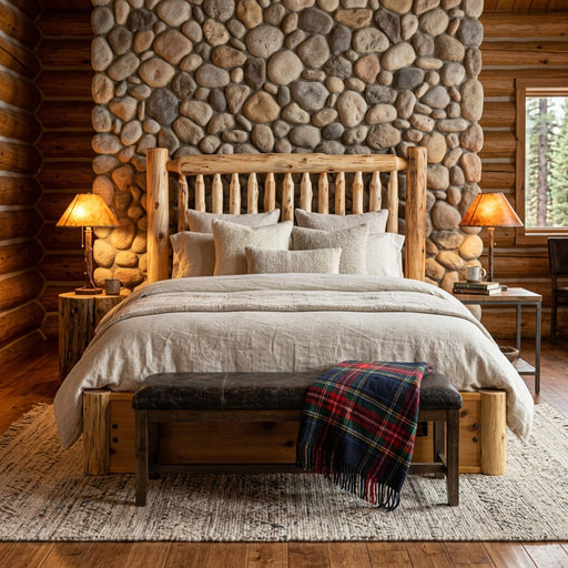 Mount Bierstadt Cedar Log Spindle Platform Bed staged against a river rock wall with a leather bench and plaid throw in a log lodge bedroom