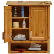 Mount Blaine Cedar Log Over the Toilet Cabinet with doors open showing interior shelves