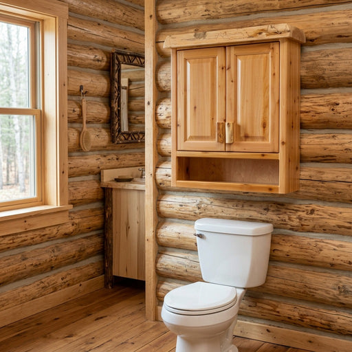 Mount Blaine Cedar Log Over the Toilet Cabinet staged in a sunlit log cabin bathroom