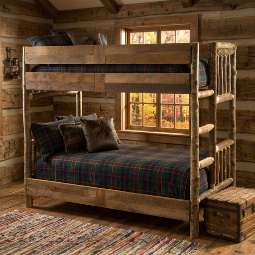 Mount Bross Barnwood and Hickory Bunk Bed in a chinked log cabin bunk room with an autumn window view and wooden trunk