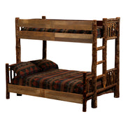 Mount Bross Barnwood and Hickory Bunk Bed in Twin over Full configuration showing hickory posts and barnwood rails