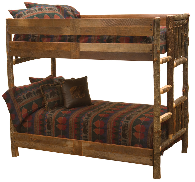 Mount Bross Barnwood and Hickory Bunk Bed in Twin over Twin configuration on a white background with right ladder