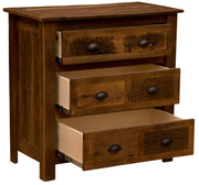 Angled view of the Mount Buckskin Reclaimed Barnwood Chest of Drawers with all three drawers open